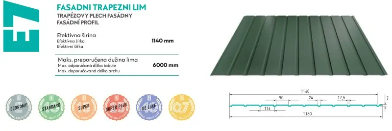 Trapézový plech Hornval T7 elevace PE lesk 0,5 mm