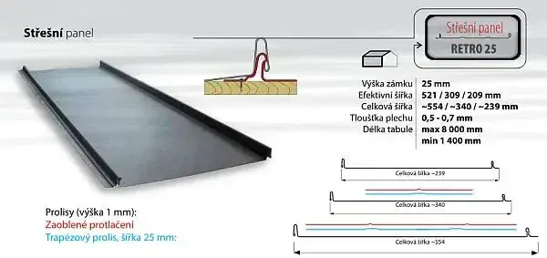 Blachotrapéz střešní panel Retro 25/554 hliník